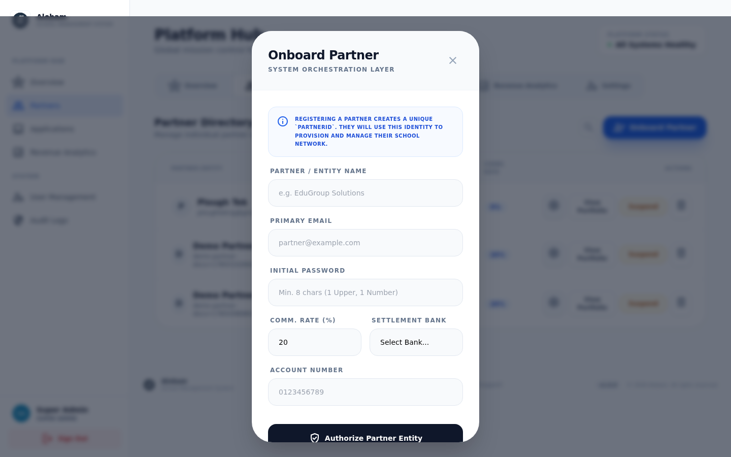 The onboarding form the platform team fills in to create your partner account.