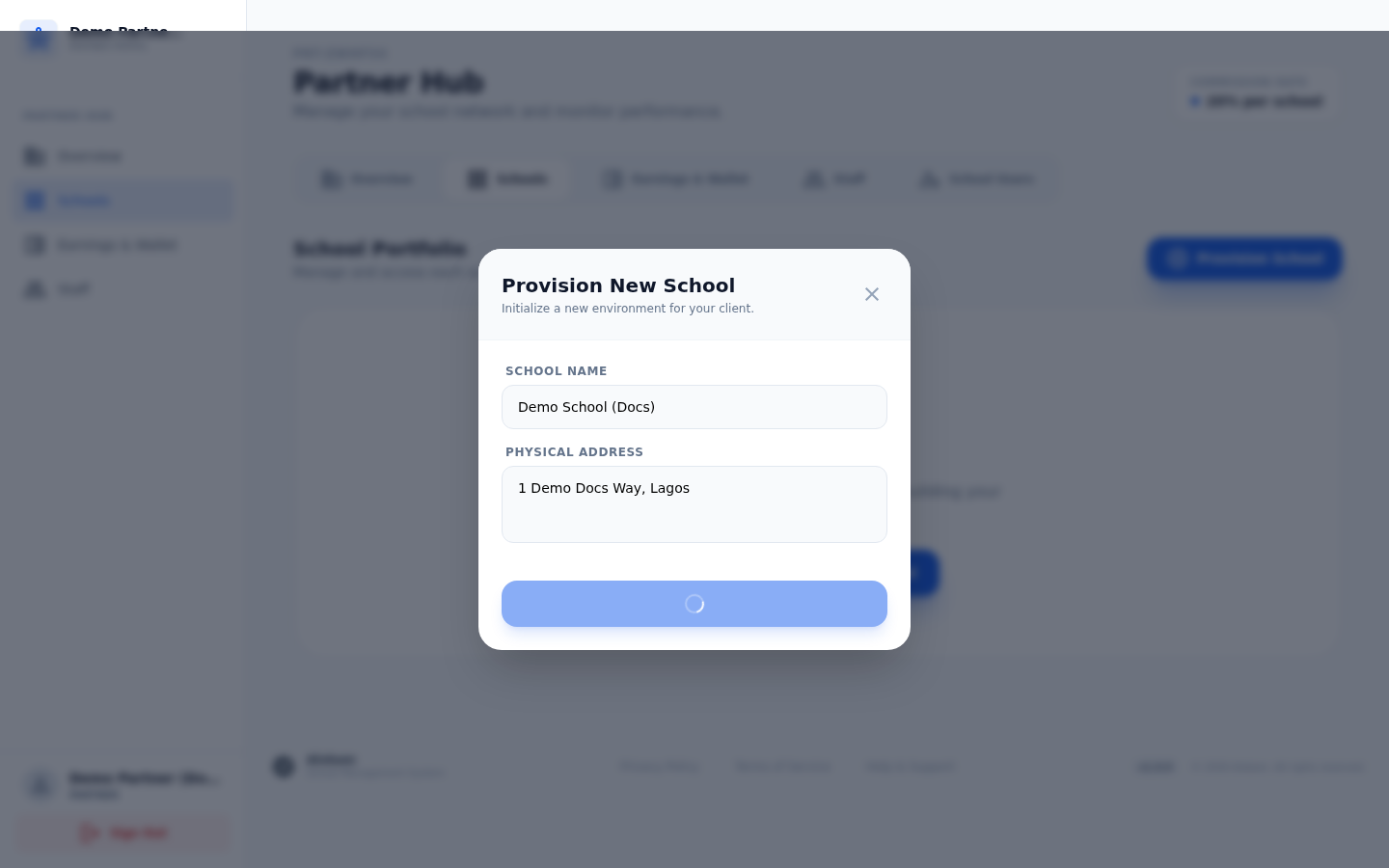 A newly provisioned school showing in the Schools tab.