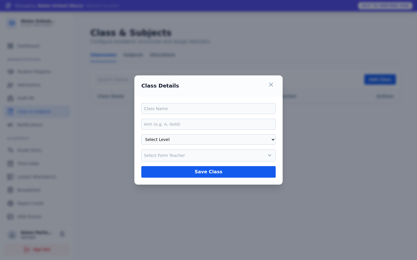 The Add Class form.