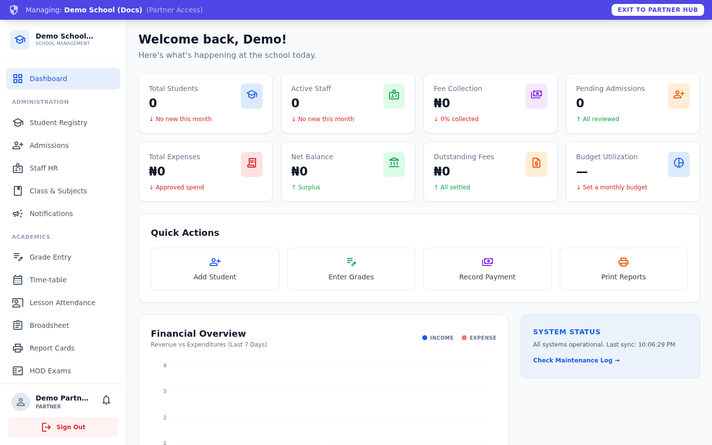 A school's admin dashboard, entered via "Manage School".